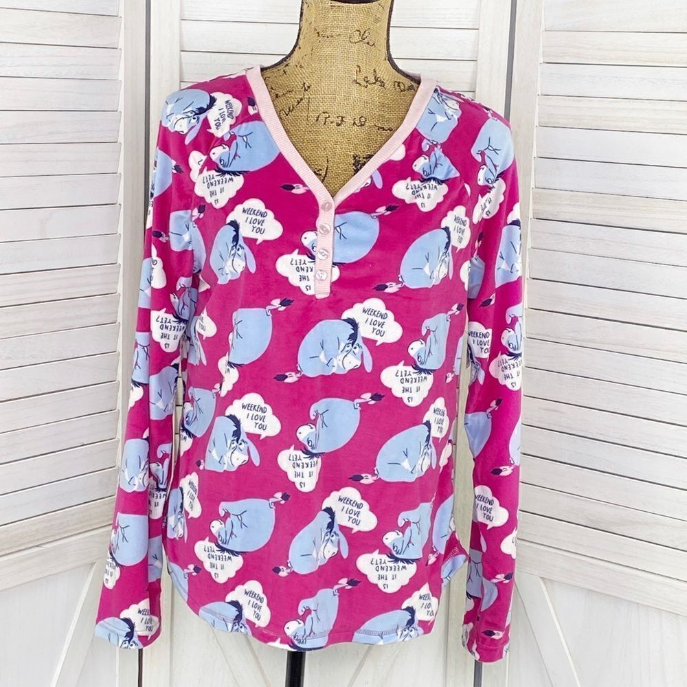 Disney‎ Eeyore Velour Lounge Sleep Shirt Pink Medium Long Sleeve Pullover - Picture 1 of 11